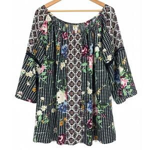 Fig and Flower Womens 2X Boho Eclectic‎ Bloomcore Floral Mixed Print Peasant Top